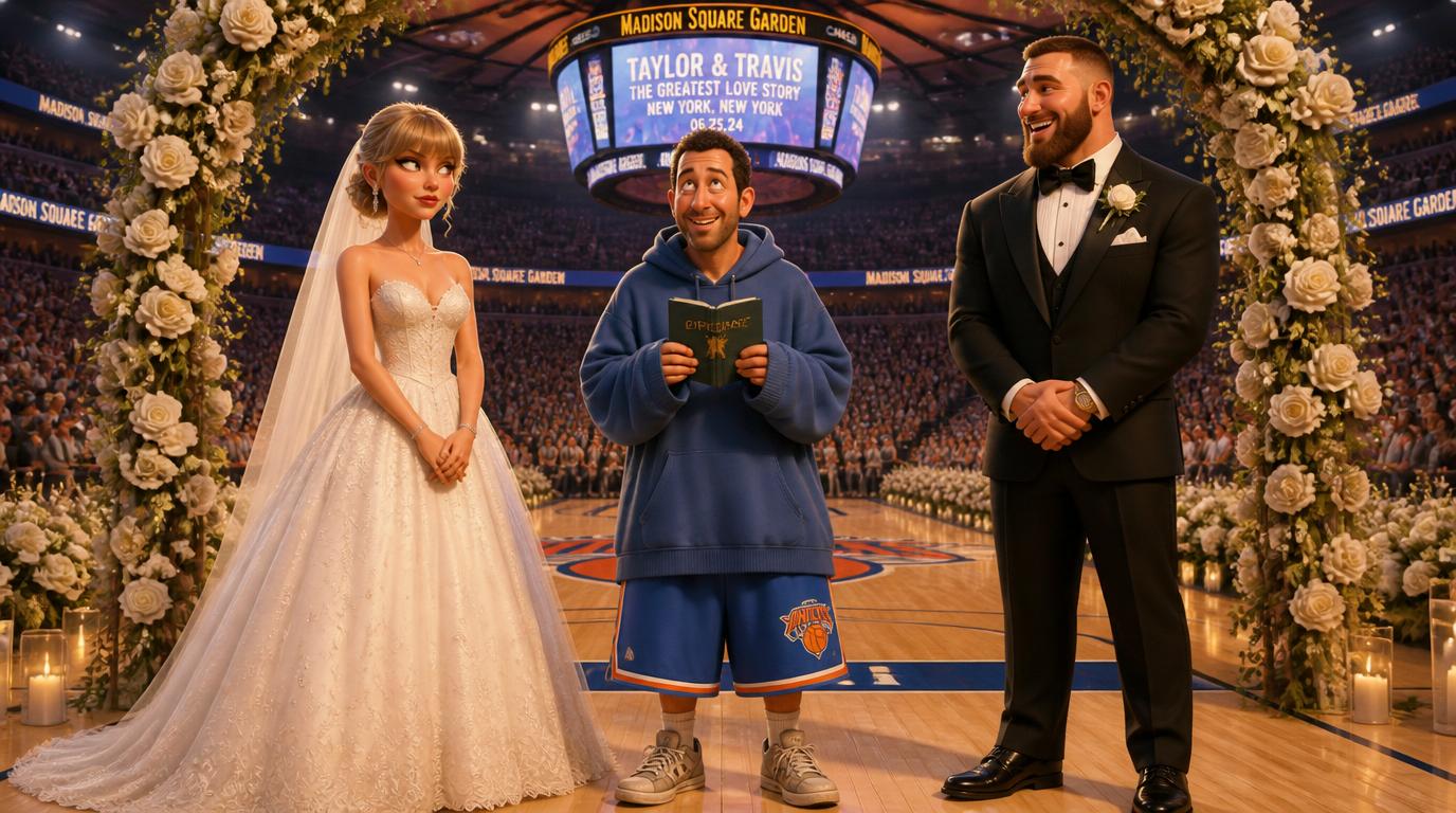 Adam Sandler officiated Taylor Swift and Travis Kelce's wedding at Madison Square Garden and sang them an original song during the ceremony.