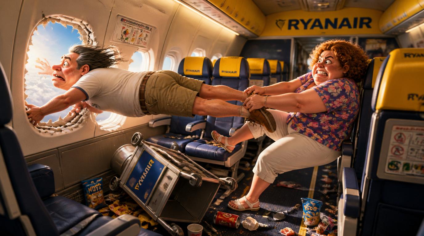 A Ryanair passenger was partially sucked out of a broken window after an engine failure, and his wife had to hold onto his feet to keep him inside the plane.